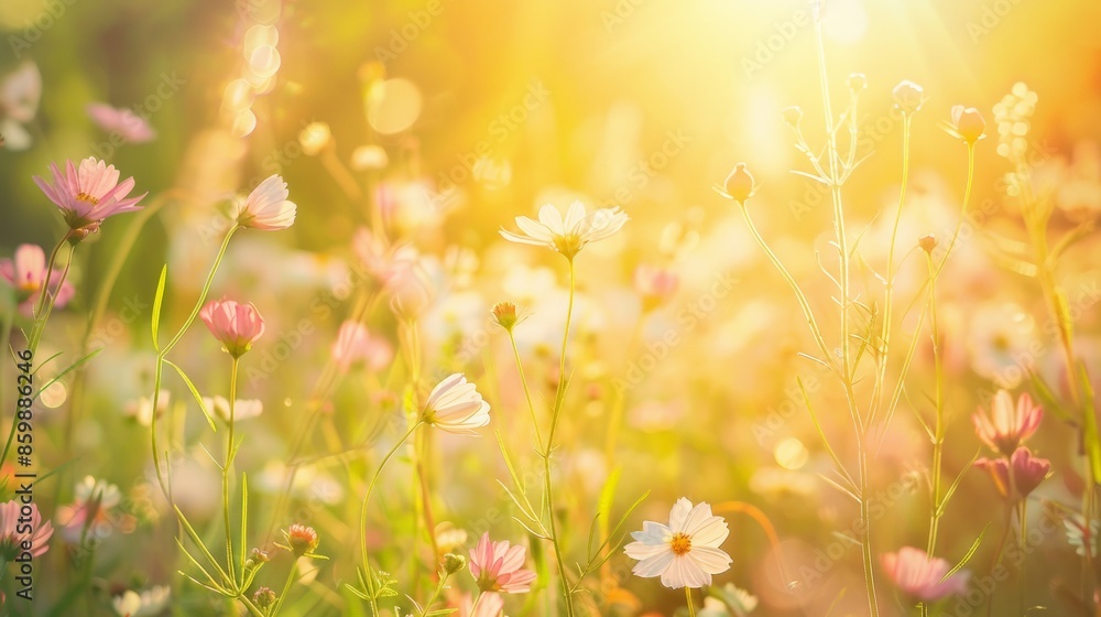 Fototapeta premium Nature background. Beautiful summer meadow background. Inspirational nature, field of flowers with a bright sun shining on them. flowers are yellow and pink. Scene is cheerful and peaceful
