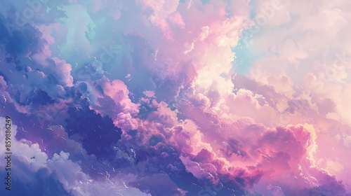 colorful sky with pink, blue and purple clouds. The sky is filled with fluffy clouds that look like they are made of cotton candy. The colors of the clouds create a dreamy and whimsical atmosphere photo
