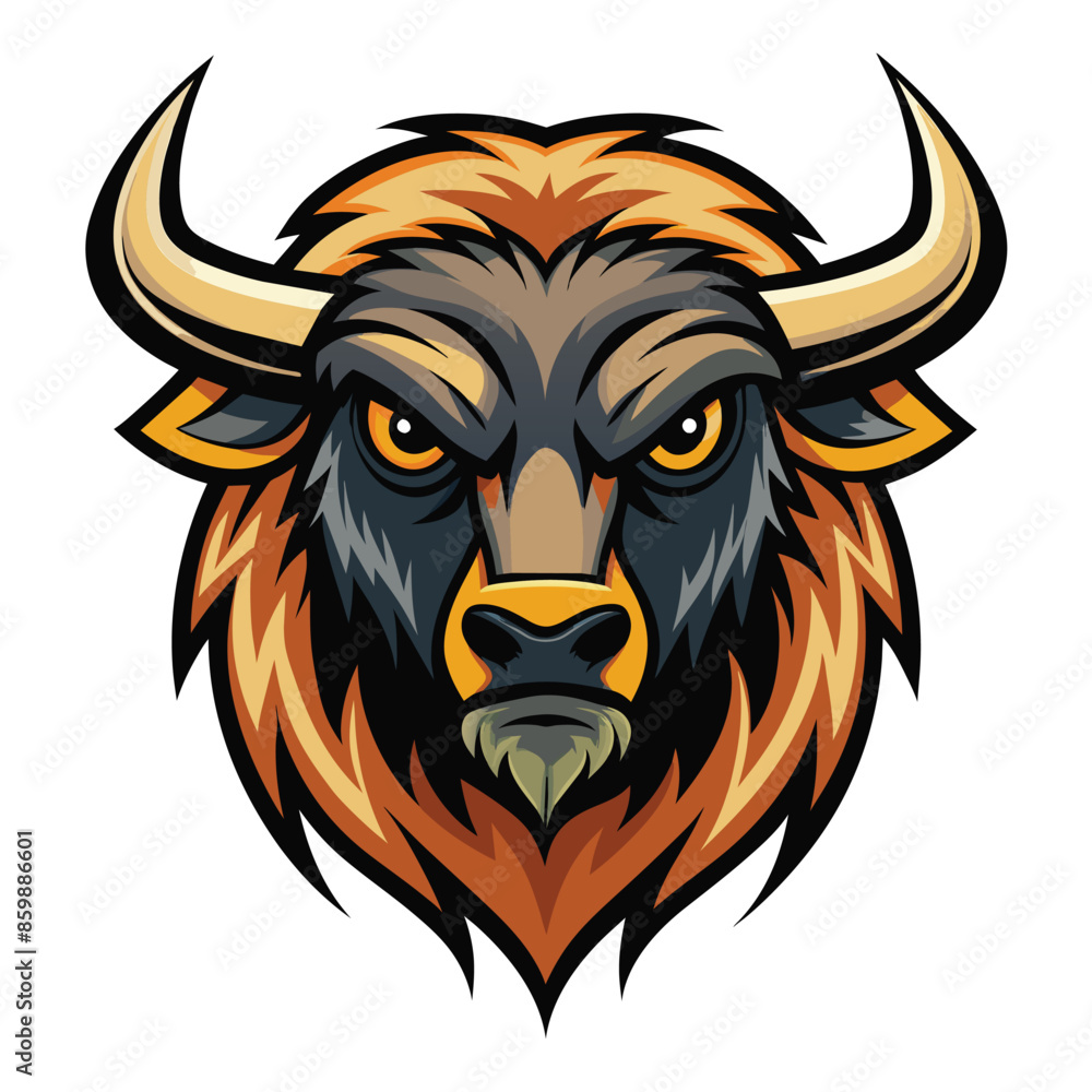 A close-up illustration of an angry bull mascot with horns, a black face, and an orange mane. A close-up illustration of an angry bull mascot with horns, a black face, and an orange mane.