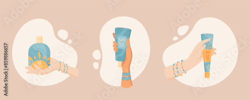 Cartoon hands hold sun screen product set, abstract spot with uv protection cream bottle, isolated hand holds spf product or sunscreen cosmetic tube, woman character with sun block moisturizer pack.