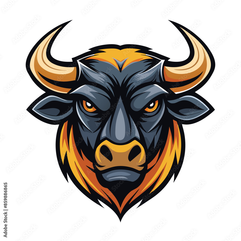 A close-up illustration of a bulls head with orange horns and a serious expression, set against a white background. A close-up illustration of a bulls head with orange horns and a serious expression, set against a white background.