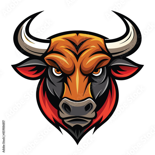A cartoon-style illustration of a bulls head with a red bandana, showing an aggressive expression with large horns and intense eyes.