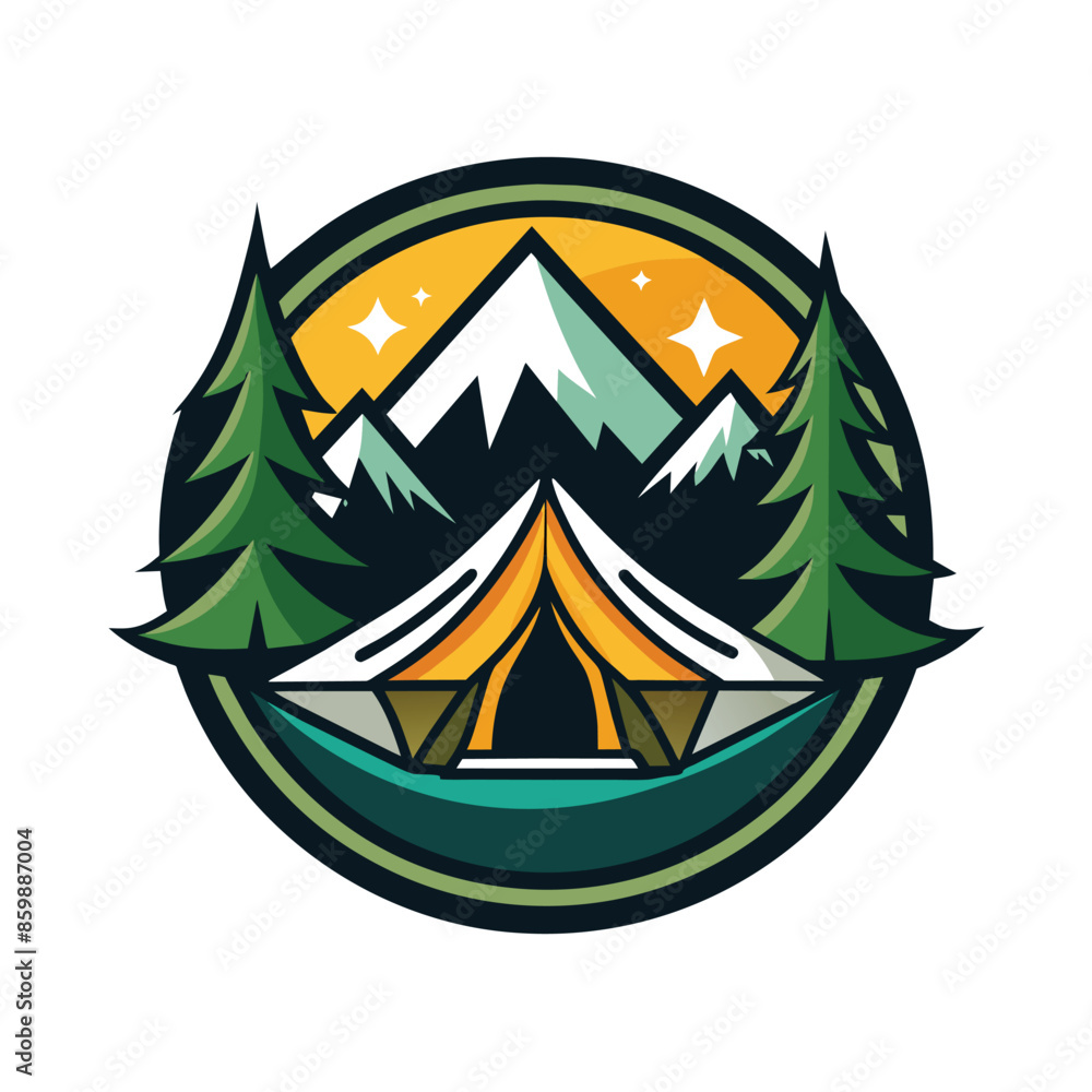 A camping tent nestled under a starry night sky, with a mountain range and pine trees in the background. A camping tent nestled under a starry night sky, with a mountain range and pine trees in the background.