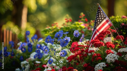 patriotic garden display an American flag red, white, blue flowers, symbolizing natural American pride