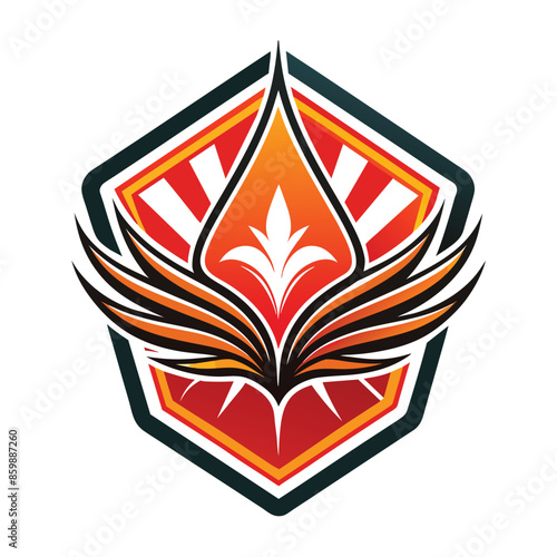 A stylized logo featuring a black and orange hexagonal design with wings, a stylized sunburst, and a flame-like central element.