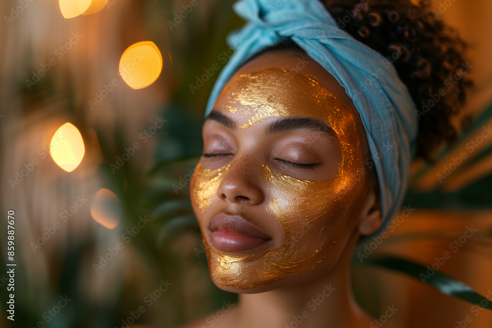 A Serene Spa Setting Featuring a Young Woman of African Descent Wearing a Blue Headwrap and a Golden Facial Mask in a Warmly Lit Environment A Serene Spa Setting Featuring a Young Woman of African Descent Wearing a Blue Headwrap and a Golden Facial Mask in a Warmly Lit Environment