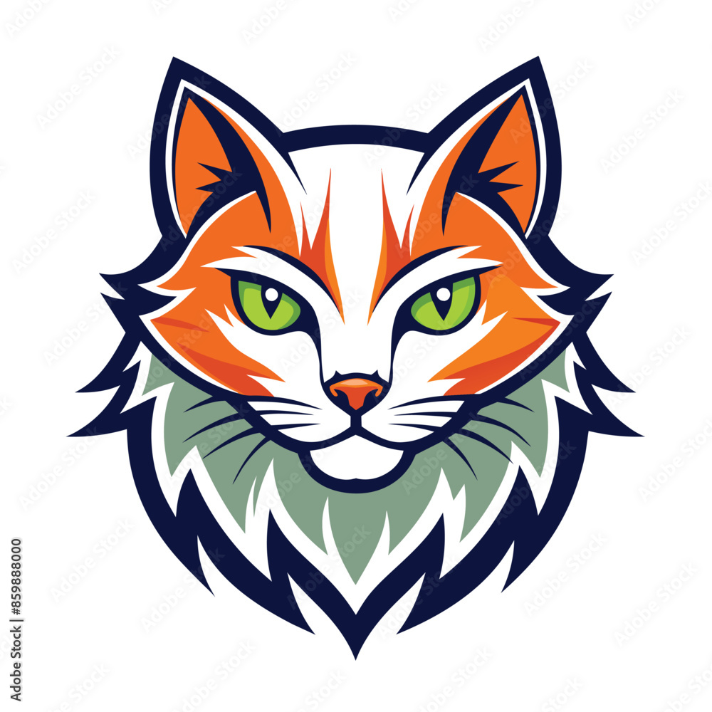 A close-up, cartoon illustration of an orange and white cats head, with green eyes, on a white background. A close-up, cartoon illustration of an orange and white cats head, with green eyes, on a white background.
