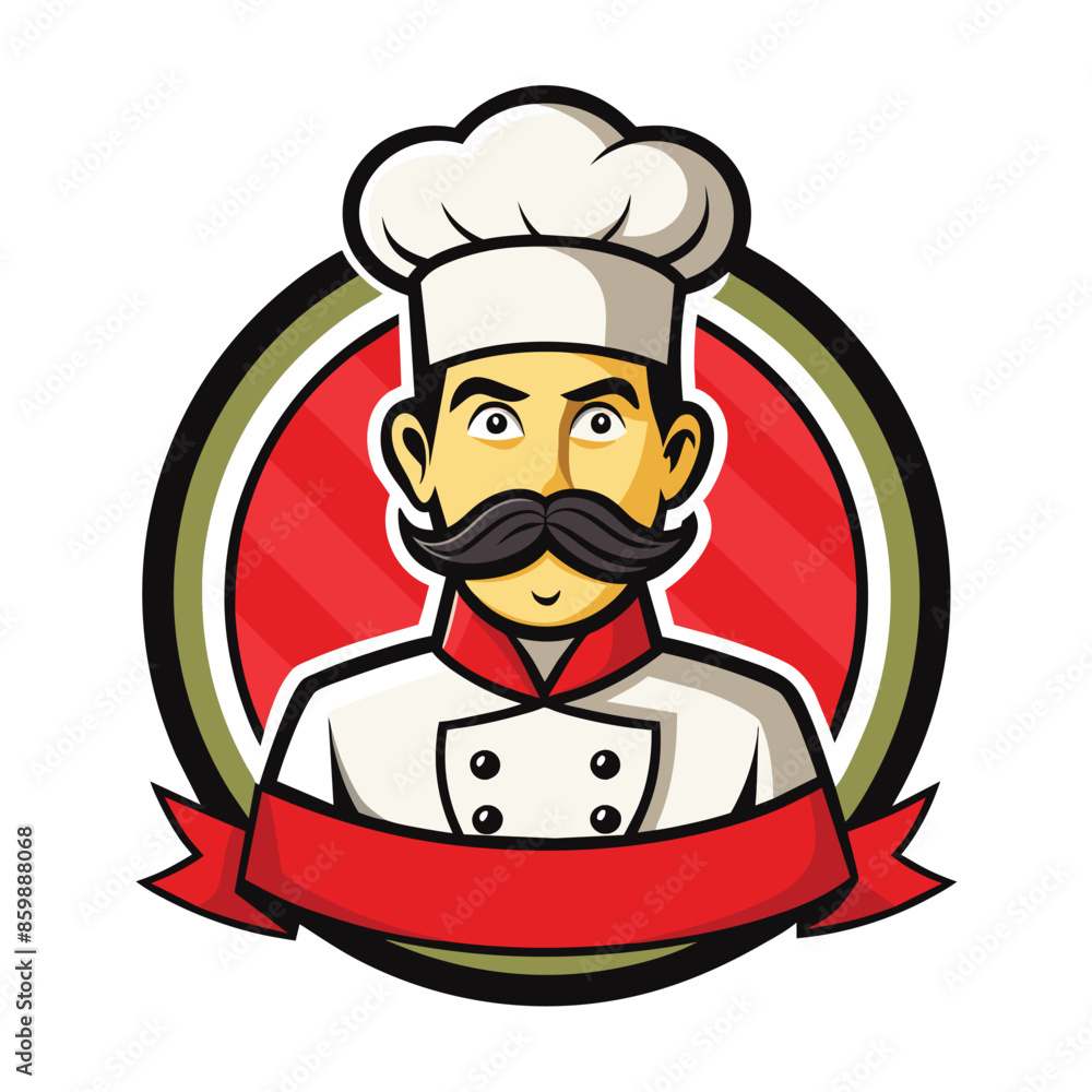 A cartoon chef mascot with a white hat, uniform, and red collar, a large mustache, and a friendly expression, stands in front of a red circle. A cartoon chef mascot with a white hat, uniform, and red collar, a large mustache, and a friendly expression, stands in front of a red circle.