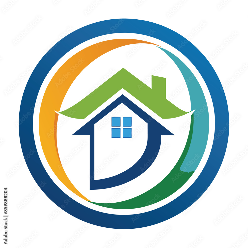 This is a logo design featuring an abstract house shape with a green roof, a blue window, and colorful circular elements surrounding it. This is a logo design featuring an abstract house shape with a green roof, a blue window, and colorful circular elements surrounding it.