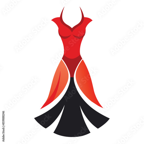 A simple illustration of a formal dress with a red bodice and black skirt. The dress is a stylized representation of a common type of formal wear.