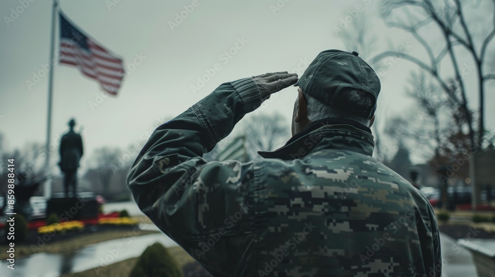 American veteran saluting the flag at a memorial site, solemn expression, fallen soldier statues and wreaths in the background, overcast sky American veteran saluting the flag at a memorial site, solemn expression, fallen soldier statues and wreaths in the background, overcast sky
