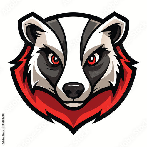 A fierce cartoon badger mascot with red eyes and a red collar, isolated on a white background.