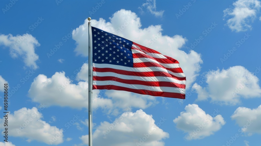 An American flag flying over a historical reenactment site, representing heritage and American pride An American flag flying over a historical reenactment site, representing heritage and American pride