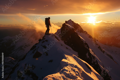 Triumphant Hiker Standing on Mountain Summit at Sunrise  Gazing into the Horizon