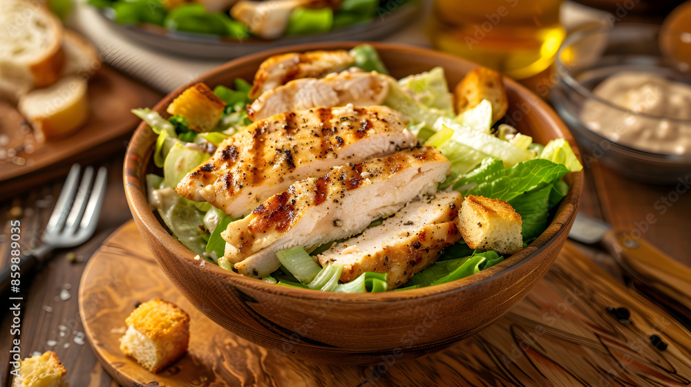 A Wooden Table With A Big Bowl Of Caesar Salad Topped With Grilled Chicken And Croutons A Wooden Table With A Big Bowl Of Caesar Salad Topped With Grilled Chicken And Croutons