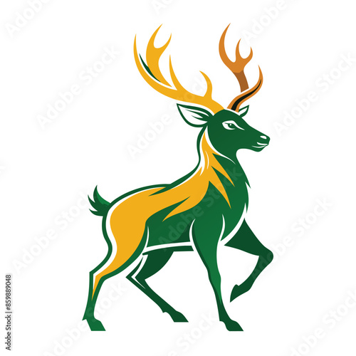 A simple illustration of a green and gold standing deer with large antlers on a white background.
