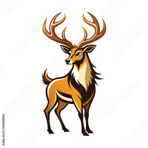 A digital illustration of a brown buck deer with large antlers standing on a white background.