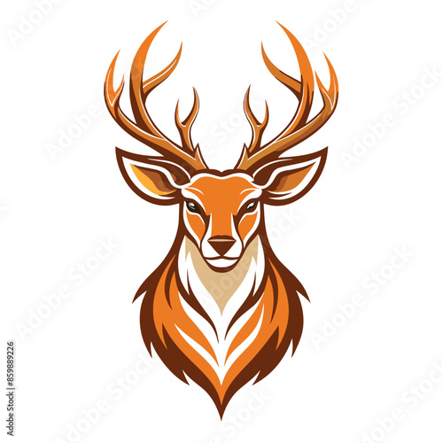 A digital illustration of a deer bucks head facing the viewer. The buck has large antlers and a brown and white coat.