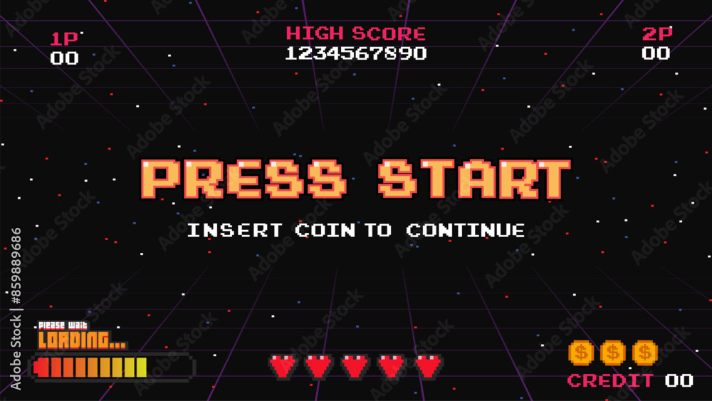 Set of arcade.pixel art .8 bit game.retro game. for game assets in vector illustrations.Retro Futurism Sci-Fi Background. glowing neon grid.and stars from vintage arcade comp Set of arcade.pixel art .8 bit game.retro game. for game assets in vector illustrations.Retro Futurism Sci-Fi Background. glowing neon grid.and stars from vintage arcade comp