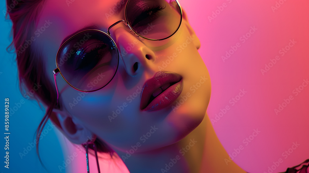 Fashion portrait of young elegant woman in sunglasses Colored background studio shot : Generative AI Fashion portrait of young elegant woman in sunglasses Colored background studio shot : Generative AI