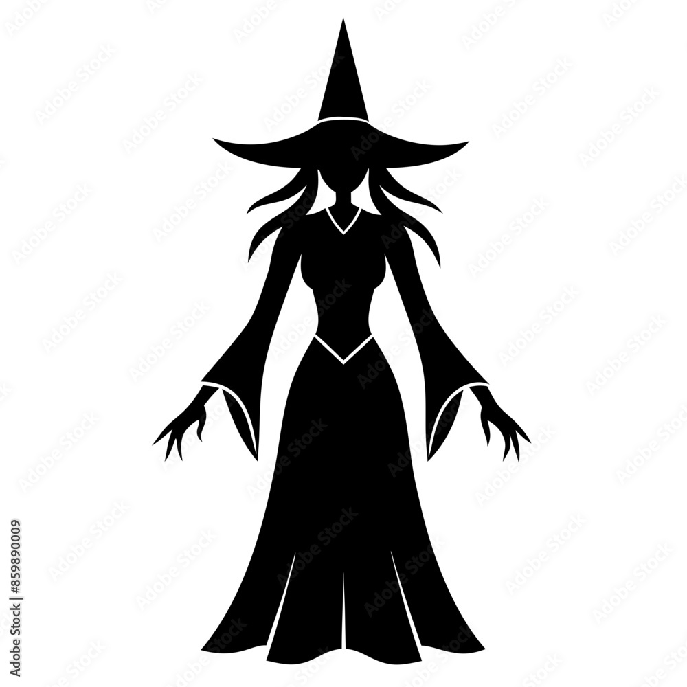 Halloween black simple minimalistic witch silhouette vector, white background Halloween black simple minimalistic witch silhouette vector, white background