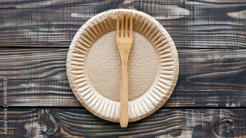 Top view of wooden fork on paper plate Top view of wooden fork on paper plate