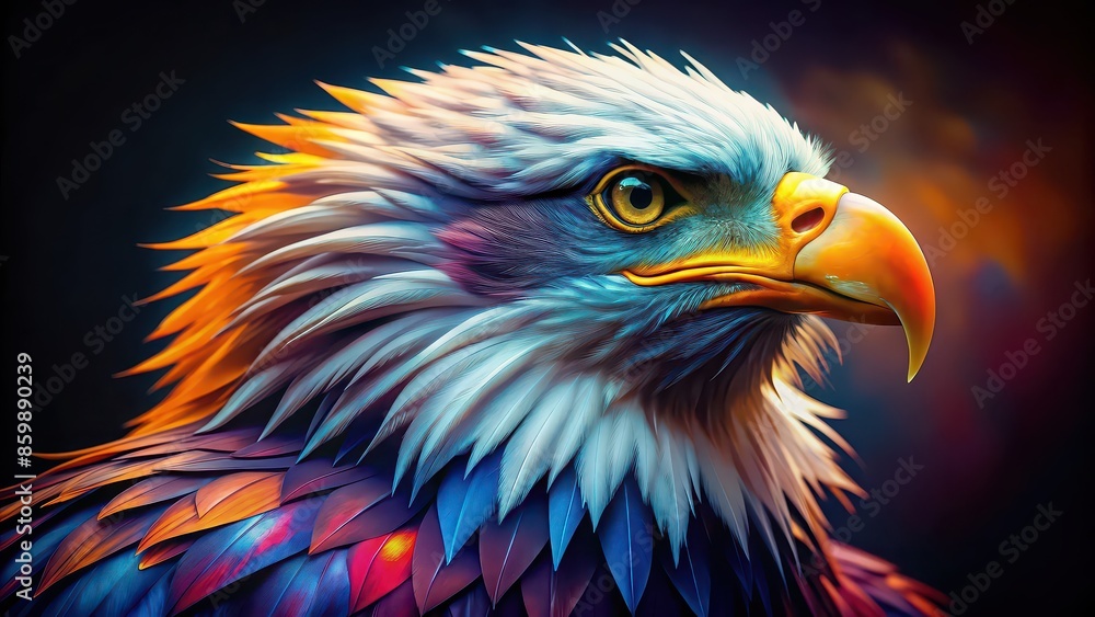Closeup of a majestic eagle face with colorful feathers against a dark abstract background , Eagle, face, closeup, feathers, colorful, dark, abstract, background, bird, wildlife, predator Closeup of a majestic eagle face with colorful feathers against a dark abstract background , Eagle, face, closeup, feathers, colorful, dark, abstract, background, bird, wildlife, predator