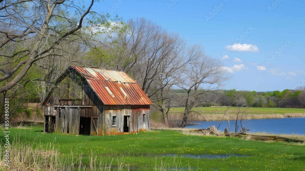 Weathered barn with a deteriorating roof in a green field near a blue water ditch on a sunny spring day Weathered barn with a deteriorating roof in a green field near a blue water ditch on a sunny spring day