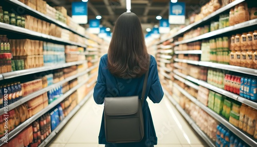 A woman shopping in a supermarket aisle. The scene is viewed from behind