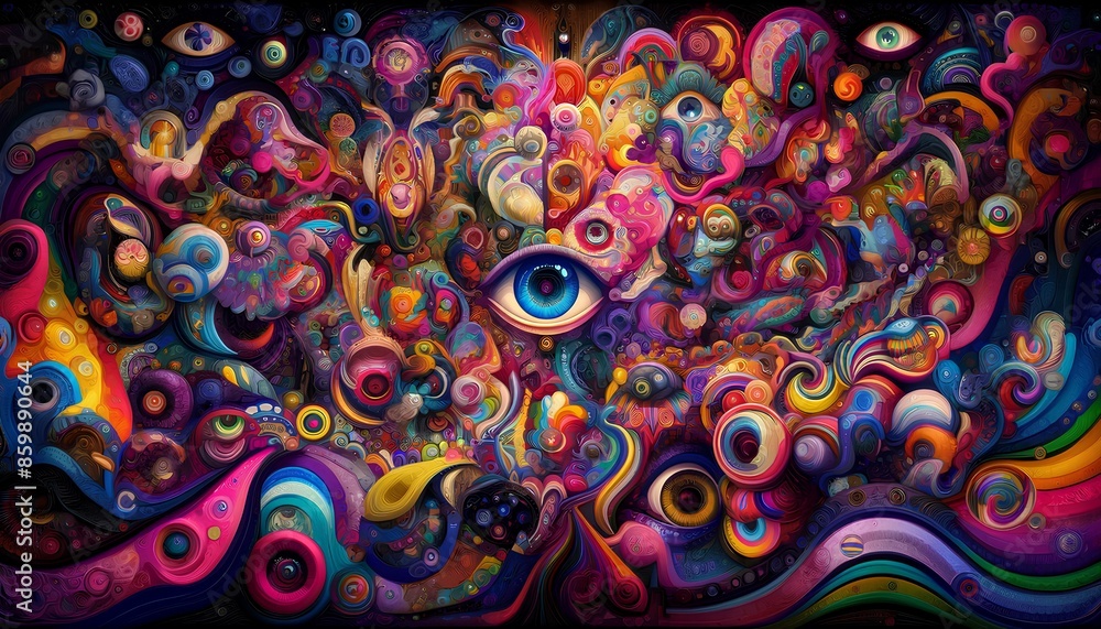 A vibrant, surreal, and abstract artwork featuring a multitude of colorful elements and shapes. The composition includes various stylized eyes, faces A vibrant, surreal, and abstract artwork featuring a multitude of colorful elements and shapes. The composition includes various stylized eyes, faces