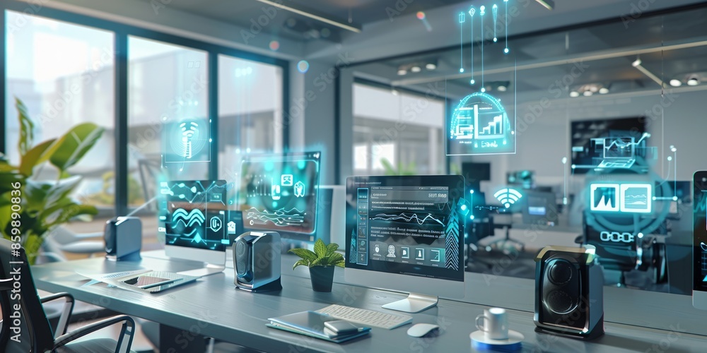 Futuristic Office Space with Augmented Reality Interfaces and Modern Technology Futuristic Office Space with Augmented Reality Interfaces and Modern Technology