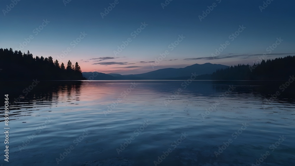 A serene landscape under a twilight sky, where the horizon blends seamlessly from deep midnight blue to shimmering silver A serene landscape under a twilight sky, where the horizon blends seamlessly from deep midnight blue to shimmering silver