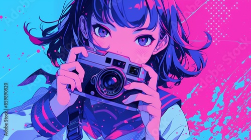 カメラを構えるアニメ風の女の子　AI © Lemonade