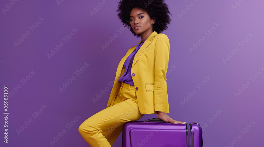 attractive african american girl posing in yellow suit with purple suitcase on trendy ultra violet background : Generative AI attractive african american girl posing in yellow suit with purple suitcase on trendy ultra violet background : Generative AI