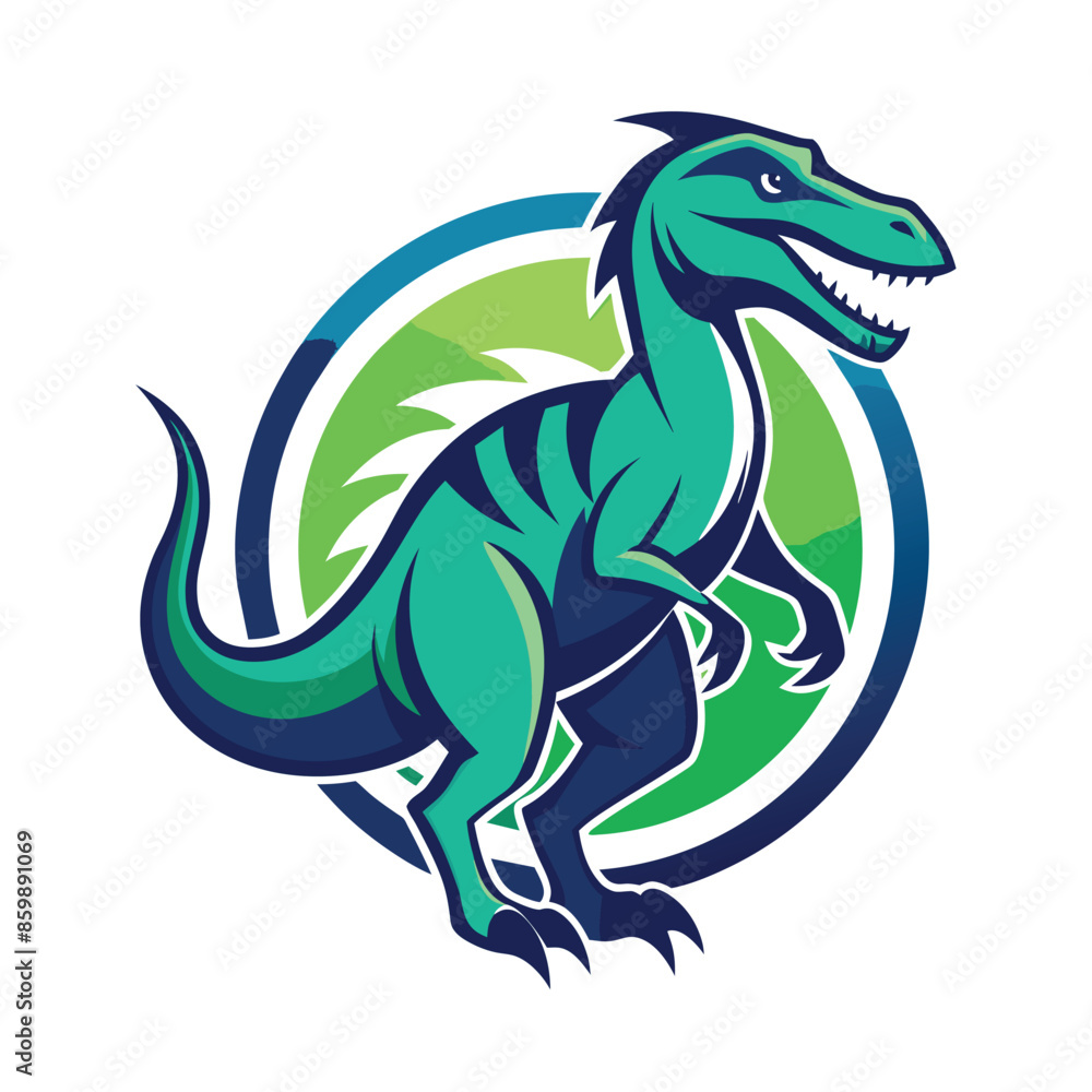 A green dinosaur with a toothy grin stands inside a circle with green and blue colors. A green dinosaur with a toothy grin stands inside a circle with green and blue colors.