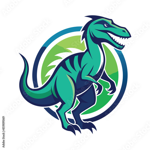 A green dinosaur with a toothy grin stands inside a circle with green and blue colors.