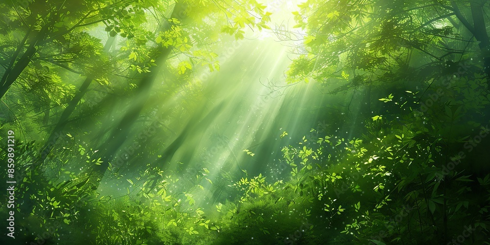 Fototapeta premium Sunlight Filtering Through Lush Green Forest Canopy