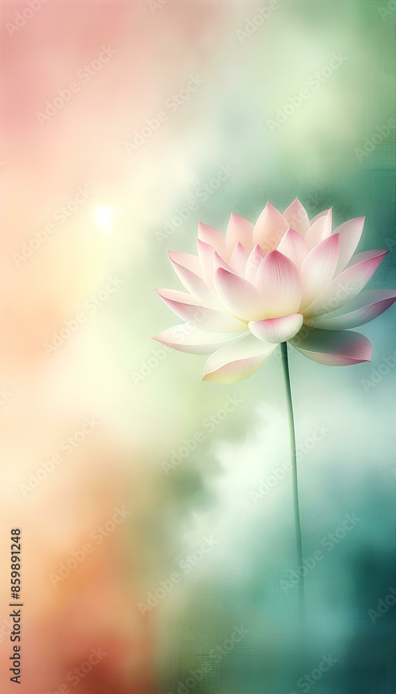 Fototapeta premium A single elegant lotus flower with soft pink and white petals, standing tall on a thin green stem. The background is a dreamy mix of very light, warm