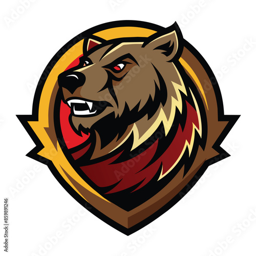 Vector illustration of a brown bear mascot logo design with a fierce expression. The bears head is in a circular frame with gold border, teeth, and claws displayed prominently.