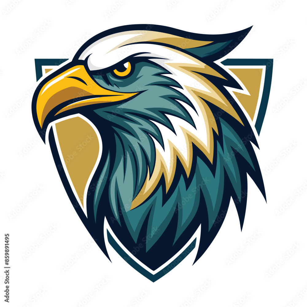Fototapeta premium A digital illustration of an eagles head with blue and yellow feathers. The eagles head is positioned inside of a shield, representing strength, power, and protection.