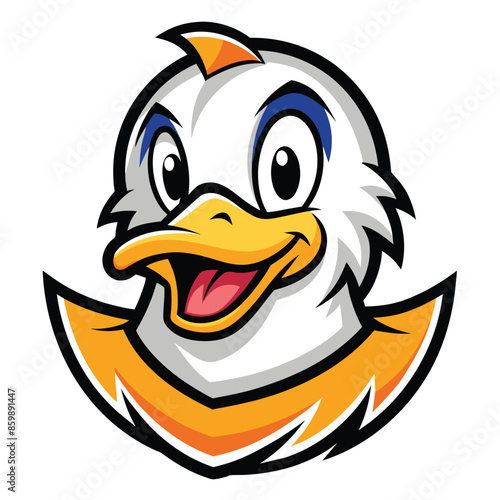 A cartoon duck with big blue eyes and an orange beak, wearing orange feathers, smiles widely with a red tongue.