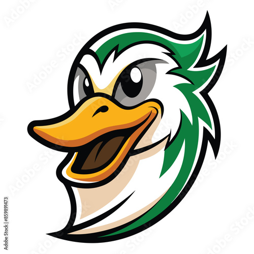 Cartoon illustration of a duck head, featuring a green and white color scheme. The ducks beak is open, suggesting a happy or excited expression.