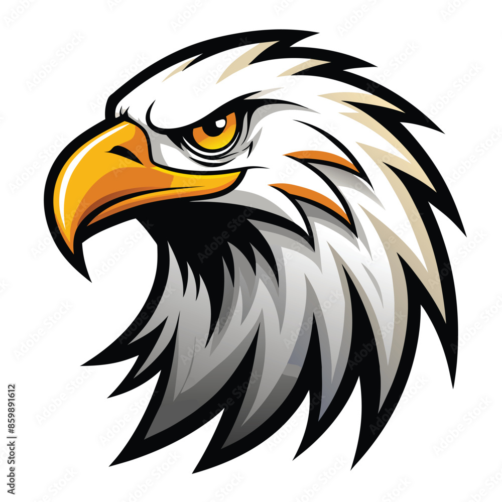 A digitally illustrated bald eagle head with sharp black outlines and bright yellow beak and eye. A digitally illustrated bald eagle head with sharp black outlines and bright yellow beak and eye.