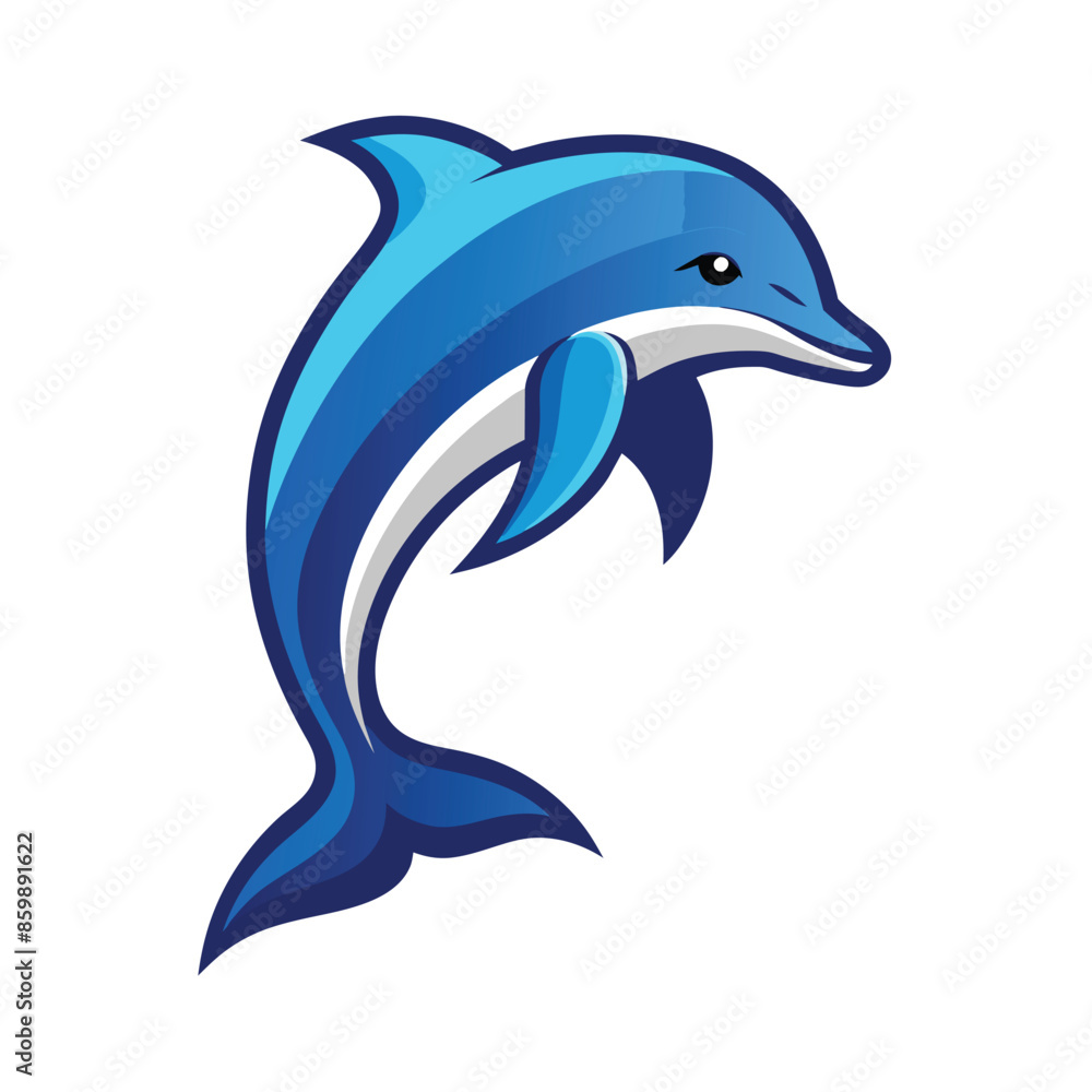Fototapeta premium A cartoon blue dolphin leaps out of the water with a bright white background.