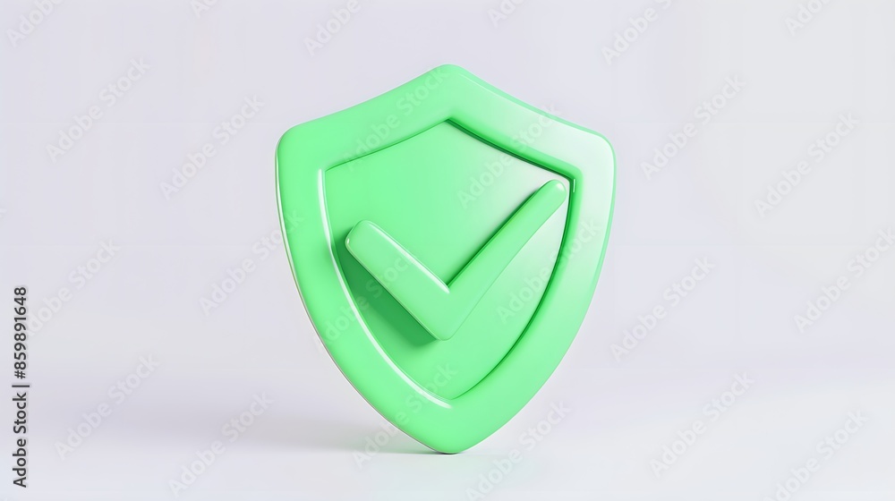 cartoon 3d Icon safety shield check mark perspective . Green symbol security safety icon. Checkmark in minimalistic style. 3d vector illustration. white background