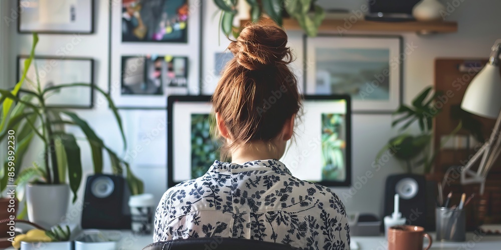 Peaceful Home Office with Plants, Art, and Woman Working at Desktop Computer Peaceful Home Office with Plants, Art, and Woman Working at Desktop Computer