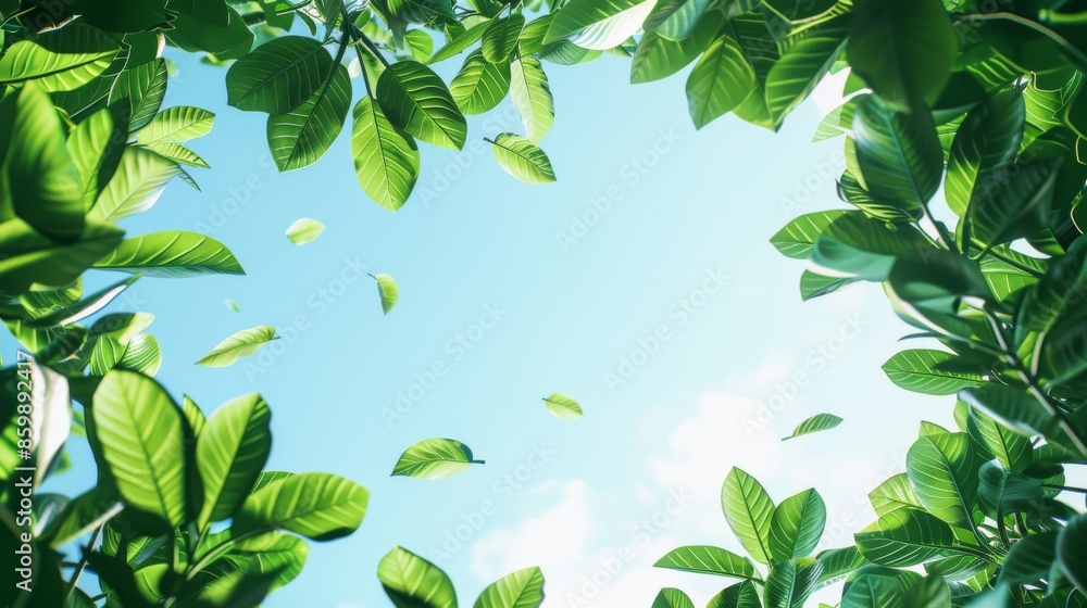 Beautiful green leaves frame a clear blue sky, capturing the essence of nature and tranquility on a sunny day. Beautiful green leaves frame a clear blue sky, capturing the essence of nature and tranquility on a sunny day.