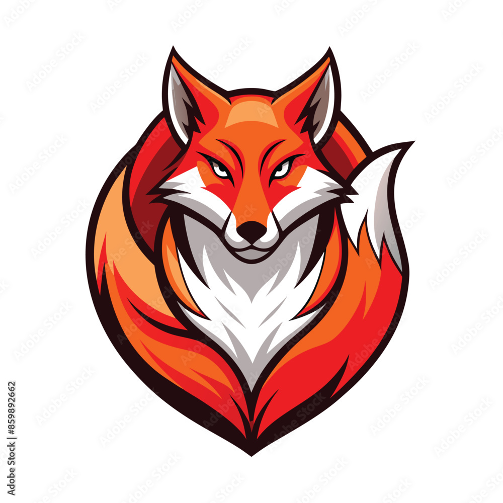 Obraz premium A stylized red fox logo design with a curled tail and a serious expression. The fox is depicted in a circle with a white background.