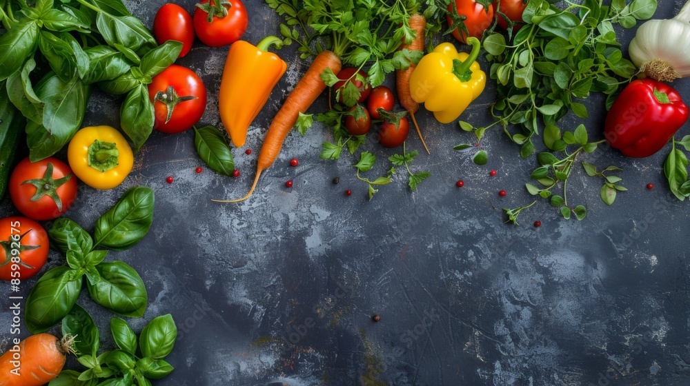 Fresh vegetables including tomatoes, peppers, carrots, and herbs on a dark background, ideal for healthy food and cooking concepts. Fresh vegetables including tomatoes, peppers, carrots, and herbs on a dark background, ideal for healthy food and cooking concepts.