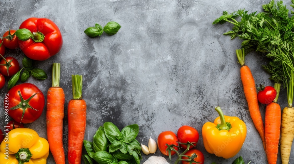 Fresh vegetables on a gray background. Variety of colorful produce including tomatoes, carrots, peppers, and herbs arranged around the edges. Fresh vegetables on a gray background. Variety of colorful produce including tomatoes, carrots, peppers, and herbs arranged around the edges.